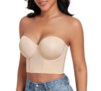 DotVol Women's Non-Slip Strapless Full Coverage Underwire Longline Corset Bustier Bra(Beige,32D)