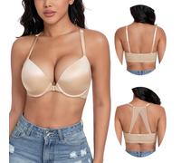 DotVol Women's Plunge Underwire Front Closure Push Up Bra Convertible Bohemian Back Everyday Bra(Beige, 32DD)