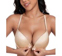 DotVol Women's Plunge Underwire Front Closure Push Up Bra Convertible Bohemian Back Everyday Bra(Beige, 34D)