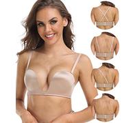 DotVol Women's Push Up Strapless Underwire Deep U Plunge Bra(Beige,36DD)