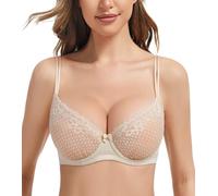 DotVol Women's Sheer Lace Mesh Balconette See Through Bralette Unlined Underwire Everyday Bra(Beige,38D)