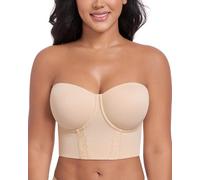 DotVol Women's Strapless Anti-Slip Longline Full Coverage Underwire Lace Corset Bustier Plus Size Bra(Beige,34C)