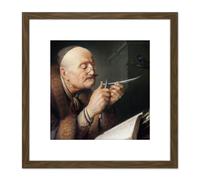 Dou Scholar Sharpening Quill Pen Painting 8X8 Inch Square Wooden Framed Wall Art Print Picture with Mount Artery8 Brown One Size