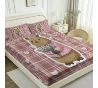 Double 135 × 200 cm Fitted Sheet Bedding with 33cm Depth, Cartoon Cute Plaid Capybara Printed, Soft Cooling Bed Sheets Microfiber Fabric Ease Care Soft & Comfortable Fade Resistant - Pink