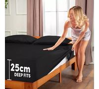(Double: 137X190 cm., Black) Pack of 2 Fitted Sheets 25CM Extra Deep Hotel Quality Fitted Bed Sheets
