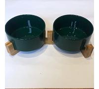 Double 14.5cm Ceramic Dog Bowls on Bamboo Stand (Green)