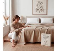 (Double: 225 x 275 cm , Beige) 100% Egyptian Cotton Flat Sheets Soft Bed Sheet & Pillow Cases Pair