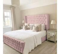 (Double-4ft 6" (With Gaslift, Crystal Diamonds Button) Ottoman Winged Bed Frame Upholstered Osaka Chesterfield