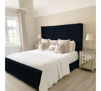 (Double-4ft 6" (With Gaslift), Crystal Diamonds Buttons) Ottoman Velvet Winged Bed Frame Upholstered Osaka Chesterfield