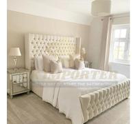 (Double 4FT6", Silver Plush) Winged Back Chesterfield Bed Frame With Mattress Matching Headboard & Footboard Double 4ft/5ft/6ft