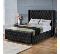 (Double-4ft6 (Without Gas Lift), Black Plush) Plush Velvet Double Chesterfield Bed Frame Includes Mattress With Ottoman GasLift