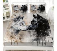 Double 54x75 inch Fitted Sheets 30cm Deep Pocket, Watercolor Art Wolf Head Soft Cooling Bedding set - Breathable Hypoallergenic Fitted Sheet, Black And White Shrinkage Fade Resistant Bottom Sheet
