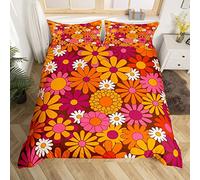 Double 60S 70S Groovy Bedding Set Kids Retro Hippie Flower Comforter Cover Set for Boys Teens Vintage Boho Plant Floral Duvet Cover Botanical Blossom Colorful Bedspread Cover 3Pcs Bedclothes