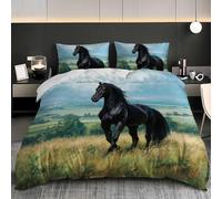 Double 79x79 inch Animal Grassland Horse Duvet Cover Set Brushed Microfiber Bedding Sets Black with Pillowcases Ultrasoft Hypoallergenic Duvet Set 3 Pieces With Zipper Closure