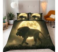 Double A Lion Walks,The Full Moon In The Background Bedding Set Ultra-Soft Microfiber Duvet Cover Set 3Pcs-200x200+2 Pillowcases 50x75-Mysterious Night Printed Design with Zip Closure & Corner Ties