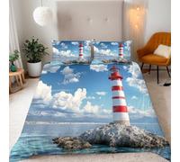 Double A Red White Lighthouse Stands On The Reef Bedding Set Ultra-Soft Microfiber Duvet Cover Set 3Pcs-200x200+2 Pillowcases 50x75-Tranquil Sea View 3D Printed Design with Zip Closure & Corner Ties