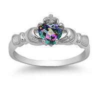 Double Accent Rhodium Plated Sterling Silver Wedding & Engagement Ring Rainbow Topaz CZ Claddagh Ring 9mm Size: T