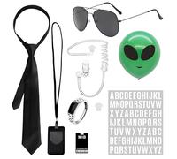 Double Agent Costume Accessories Set for Men & Women | Complete Men in Black Costume Kit with ID Card, Fake Earpiece, Zip Tie, Black Frame Sunglasses & Ring | Detective, Secret Agent Party Dress Up