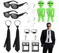 Double Agent Costume Accessories Set, Secret Agent Fancy Dress Kit with ID Cards Fake Earpiece Zip Tie Black Sunglasses Inflatable Green Alien Rings for Adult Halloween Cosplay Party Carnival Dress up