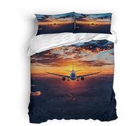Double Airplane Bedding Set Ultra-Soft Microfiber Duvet Cover Set 3Pcs - 200x200cm + 2 Pillowcases 50x75cm - Cloud Plane 3D Printed Design with Zip Closure & Corner Ties