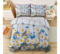 Double American Style Duvet Cover, White Blue Soft 100% Microfiber Butterfly Plant Daisy Flower Quilt Cover with Pillowcases and Zipper for Boys Girls Bedroom