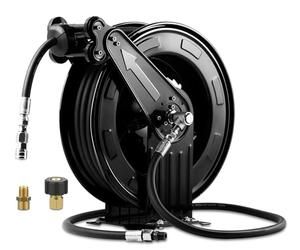 Double Arm 50FT x 3/8" Retractable Pressure Washer Hose Reel, Heavy Duty Steel Professional Power Wash Hose Reel with 5 ft Lead for Air/Oil/Water, 4000 PSI