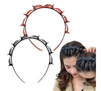 Double Bangs Hairstyle Hairpin,Hairpin Headband,Teeth Comb Hair Hoop Headband, Multi-Layer Hollow Woven Headbands Double Layer Twist Plait Headband Hair Styling Tools (Red+Black, 2pcs)