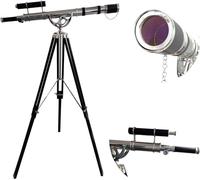 Double Barrel Chrome/Nickel Finish Barss Telescope Black Leather warp Nautical Floor Standing Adjustable Wooden Black Tripod Handicraft