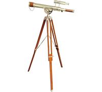 Double Barrel Shiny Brass Telescope Leather Cover Tube Wooden Floor Standing Brown Tripod Stylish Golden Antique Look Reproduction Of Vintiage Marine Telescope