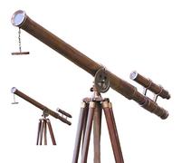Double Barrel Vintage Nautical Brass Telescope with Wooden Tripod Stand Antique Marine 39" (Brass & Leather)