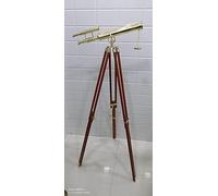 Double Barrel Vintage Shiny Brass Telescope Adjustable Wooden Tripod Floor Standing Decorative Telescope for Home & Office