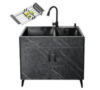Double Basin Kitchen Sink with Pull-Out Soap Dispenser, Stainless Steel High-Posit Overflow, V-Sd Non-Odor Trap Basket, Includes Door Handle, 31.5"x17.7"x30.7" (Black)