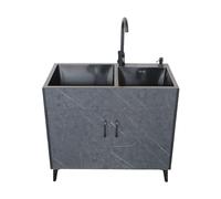 Double Basins Stainless Steel Utility Sink, Commercial Kitchen Sink with Strainer Drainer, with Storage Cabinets 、Drain Basket and Faucet,Floor-Standing Large Capacity,Fo,Round Faucet-78*43cm