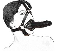 Double BDSM Head Harness with Dildo Mouth Gag, Lockable, Inner & Outer Dildo, Adjustable, Bondage Mouth Gag, Soft Imitation Leather, Anatomically Shaped, Sex Toy for Couples