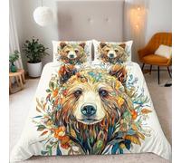 Double Bear Head With Flowers And Leaves Bedding Set Ultra-Soft Microfiber Duvet Cover Set 3Pcs - 200x200cm + 2 Pillowcases 50x75cm- Animal 3D Printed Design with Zip Closure & Corner Ties