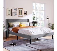 Upholstered 4ft6 Double Size Bed Platform Bed Frame with Wood Slat Support Grey