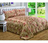 Double Bed Anastasia Gold, Bedspread Set with Pillow Shams, by Courtaulds Fabrics, Jacquard Floral Print, Embellished Circle Quilted Throw Over, Mink Tan Terracotta Rust Red