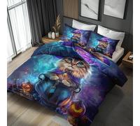 Double Bed Duvet Cover Set, Halloween Cat Bedding 3 Piece - Magic Witch Hat Gothic Pattern, Soft Hypoallergenic Microfibre Quilt Cover, 2 Pillowcases, with Zip, Bedroom Decor AA947