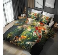 Double Bed Duvet Cover Set, Japanese Koi Bedding 3 Piece - Carp Pattern, Soft Hypoallergenic Microfibre Quilt Cover, 2 Pillowcases, with Zip, Bedroom Decor AD776
