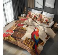 Double Bed Duvet Cover Set, Parrot Bedding 3 Piece - Retro Sea Adventure Pattern, Soft Hypoallergenic Microfibre Quilt Cover, 2 Pillowcases, with Zip, Bedroom Decor AD584