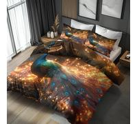 Double Bed Duvet Cover Set, Peacock Bedding 3 Piece - Gold Bird Pattern, Soft Hypoallergenic Microfibre Quilt Cover, 2 Pillowcases, with Zip, Bedroom Decor AE303