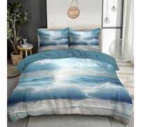 Double bed Duvet Set - White Waves Reversible Duvet Cover - Blue Sea Quilt Cover Easy Care & Machine Washable Bedding Set with Zipper Closure 230 x 220 cm