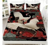 Double Bed Fitted Sheet 4ft Small Double 48x75 inch Extra Deep Pocket (30cm) Bed Sheets Black Soft Microfiber Fitted Sheets, Japanese Animal Auspicious Clouds Bedding Shrinkage & Fade Resistant