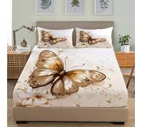 Double Bed Fitted Sheet 4ft Small Double 48x75 inch Extra Deep Pocket (30cm) Bed Sheets Gold Butterfly Pattern Soft Microfiber Breathable Fitted Sheets, Retro Beige Shrinkage & Fade Resistant Bedding