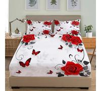 Double Bed Fitted Sheet 4ft Small Double 48x75 inch Extra Deep Pocket (30cm) Bed Sheets Red Rose Pattern Soft Microfiber Breathable Fitted Sheets, White Shrinkage & Fade Resistant Bedding