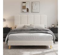 Double Bed Frame 4Ft6 Bouclé Upholstered Platform Bed With Adjustable Wave Headboard, Beige, 135X190Cm