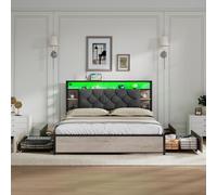 Double Bed Frame with Drawers and RGB LED Lighting, Headboard with Type-C and USB Ports, 207L x 138W x 101H cm, Grey+Rustic Brown Aosom UK