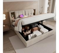 Double Bed Frame with Storage, Wireless Charging, Linen Fabric, Hydraulic Storage Bed Frame, 196L x 141W x 100.5H cm, Natural Aosom UK