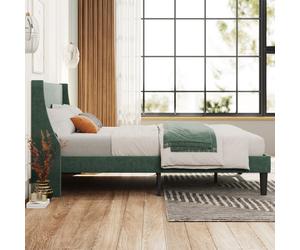 Double Bed Frame with Winged Headboard, Solid Wooden Slats Upholstered Platform
