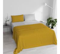 Double Bed Sheet Set, 100% Natural Cotton, Made in Italy - Complete Bed Set, Fitted Sheet, Top Sheet 240 x 300 cm and Pillowcases with Inner Flap, Mustard/Light Grey